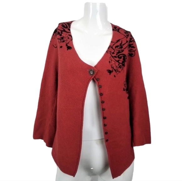 Nic+Zoe Sweater Women's Size Medium Burnt Orange Embroidered Cardigan - Picture 1 of 6